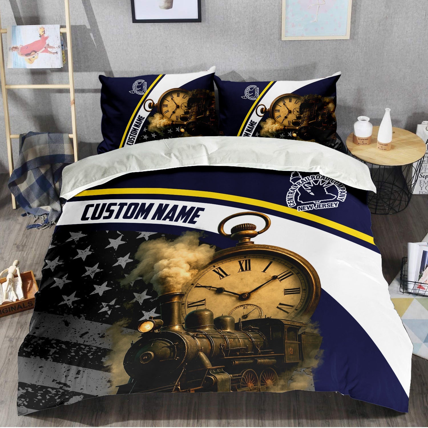 Railspirit Personalized CNJ Jersey Central Railroad Bedding Set Classic Steam Engine With Retro Pocket Watch Bedding Set All Over Print