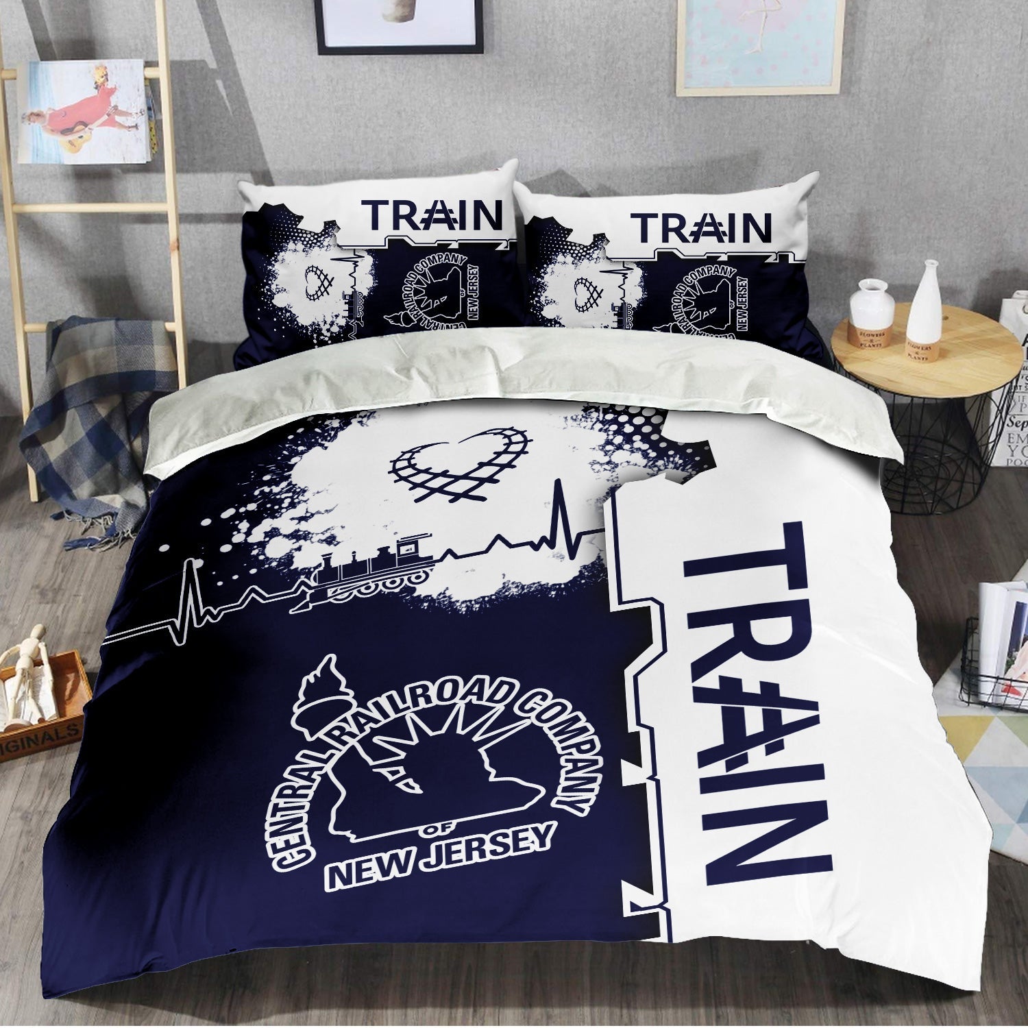 Railspirit CNJ Jersey Central Railroad Bedding Set Engine Heartbeat and Track Love Style Bedding Set Gift Idea For Train Lovers