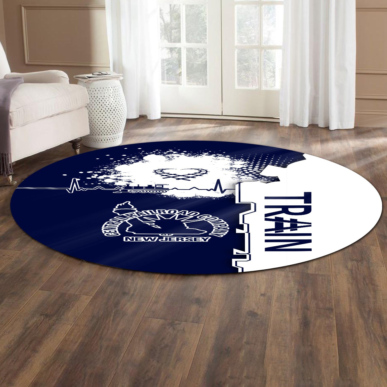 Railspirit CNJ Jersey Central Railroad Round Mat Engine Heartbeat and Track Love Style Mat Gift Idea For Train Lovers