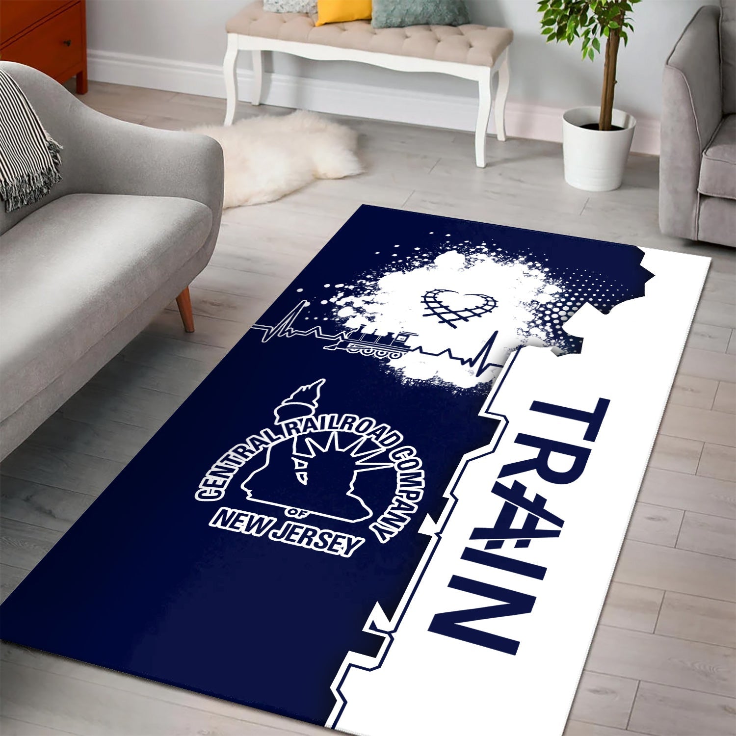 Railspirit CNJ Jersey Central Railroad Area Rug Engine Heartbeat and Track Love Style Rug Gift Idea For Train Lovers