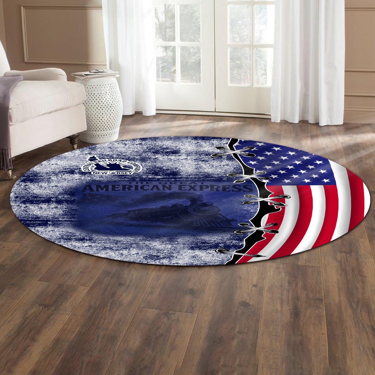 Railspirit Jersey Central Railroad Round Mat Retro American Express Train With USA Flag CNJ Round Mat
