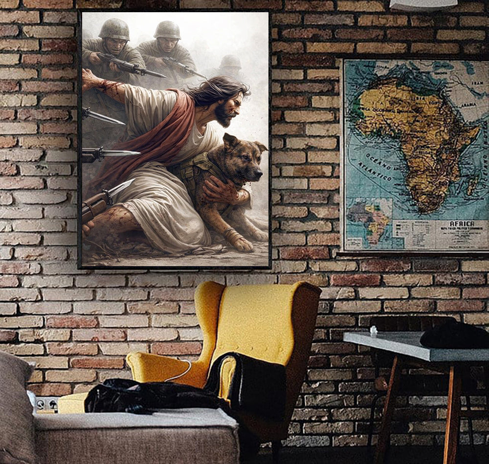 Jesus Protecting Dog Wall Art Print, Christian Religious Canvas, Biblical Warrior Artwork, Faith Home Decor Gift for Dog Lovers