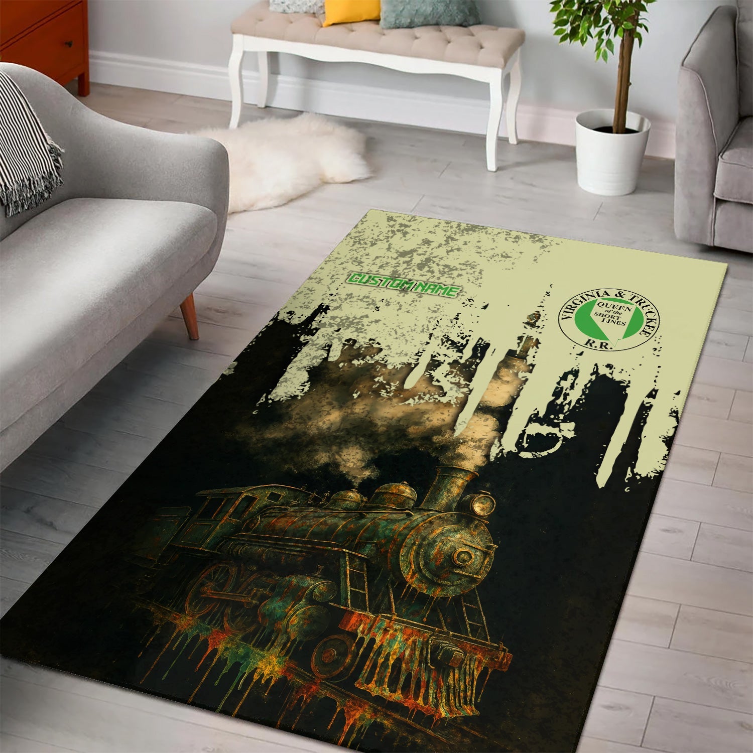 Railspirit Personalized Virginia & Truckee Railroad Area Rug Vintage Train Art Style Rug For Locomotive Fans