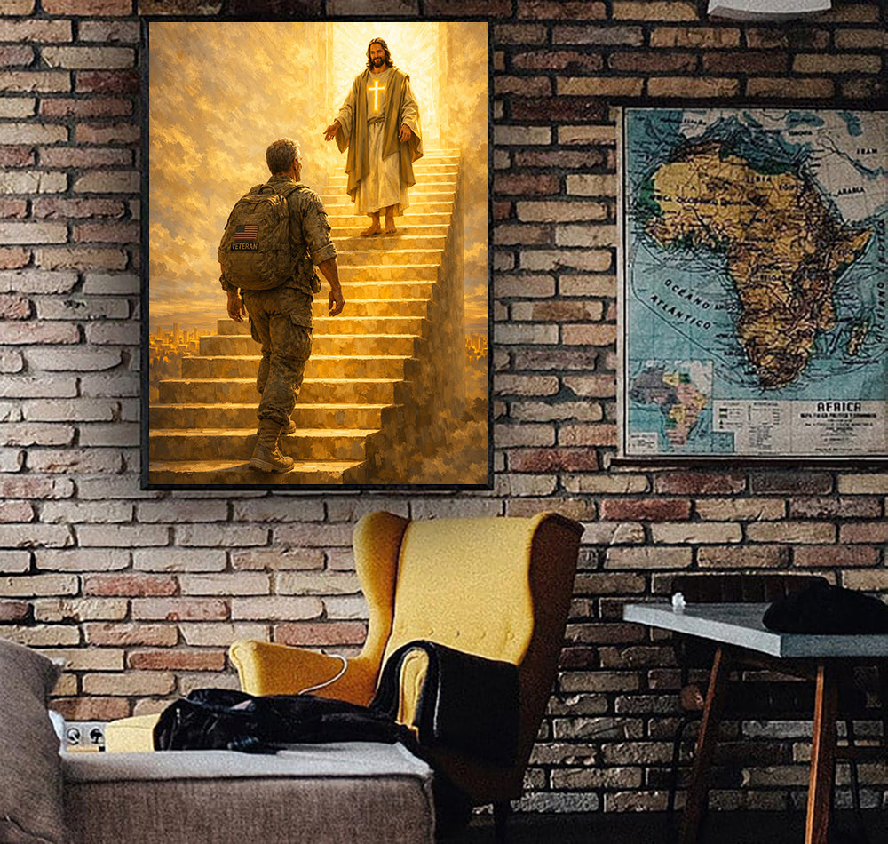 Jesus Veteran Printed Canvas, Father’s Day Gift for Dad, Christian Military Wall Art Decor with Soldier Walking to Heaven Design