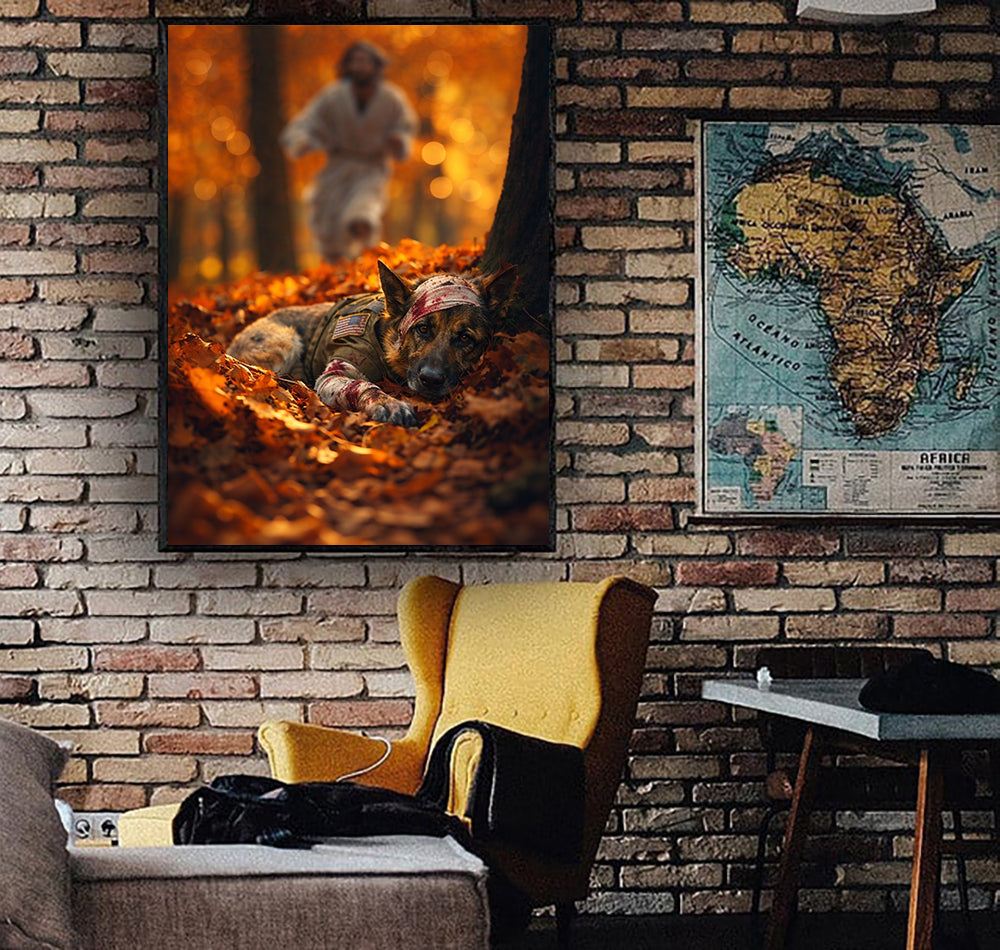 Jesus Saving Military Dog Canvas Print, Christian Wall Art, Patriotic Faith Poster, Soldier Dog Artwork, Religious Decor, Veteran Gift