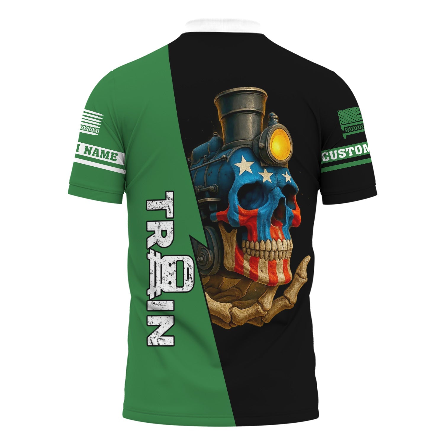 Railspirit Personalized Burlington Northern Railroad Polo Shirt Train Skull American Flag Shirt All Over Print
