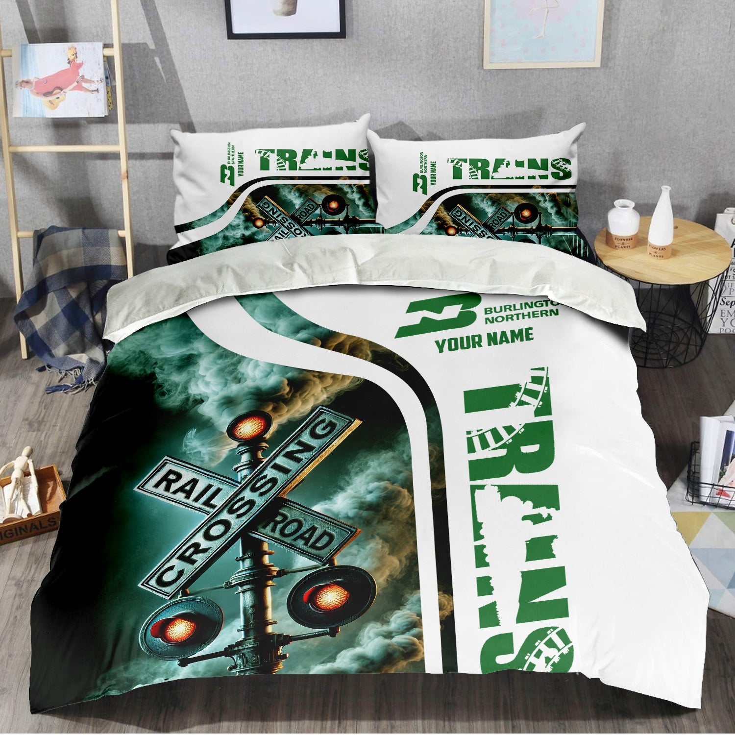 Railspirit Personalized Burlington Northern Railroad Bedding Set Railroad Crossing Sign Bedding Set All Over Print