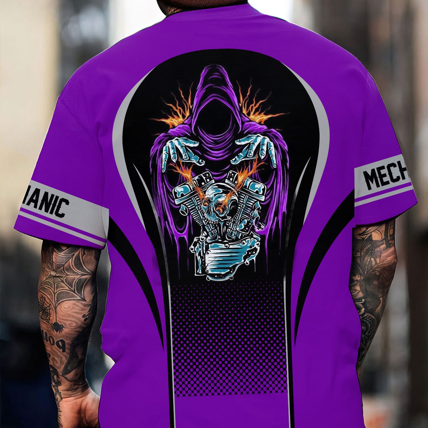 Custom Mechanic Shirt, Personalized Work Uniform, Custom Name & Department, Cool Mechanic Graphic Tee, Purple Engine Skull Design