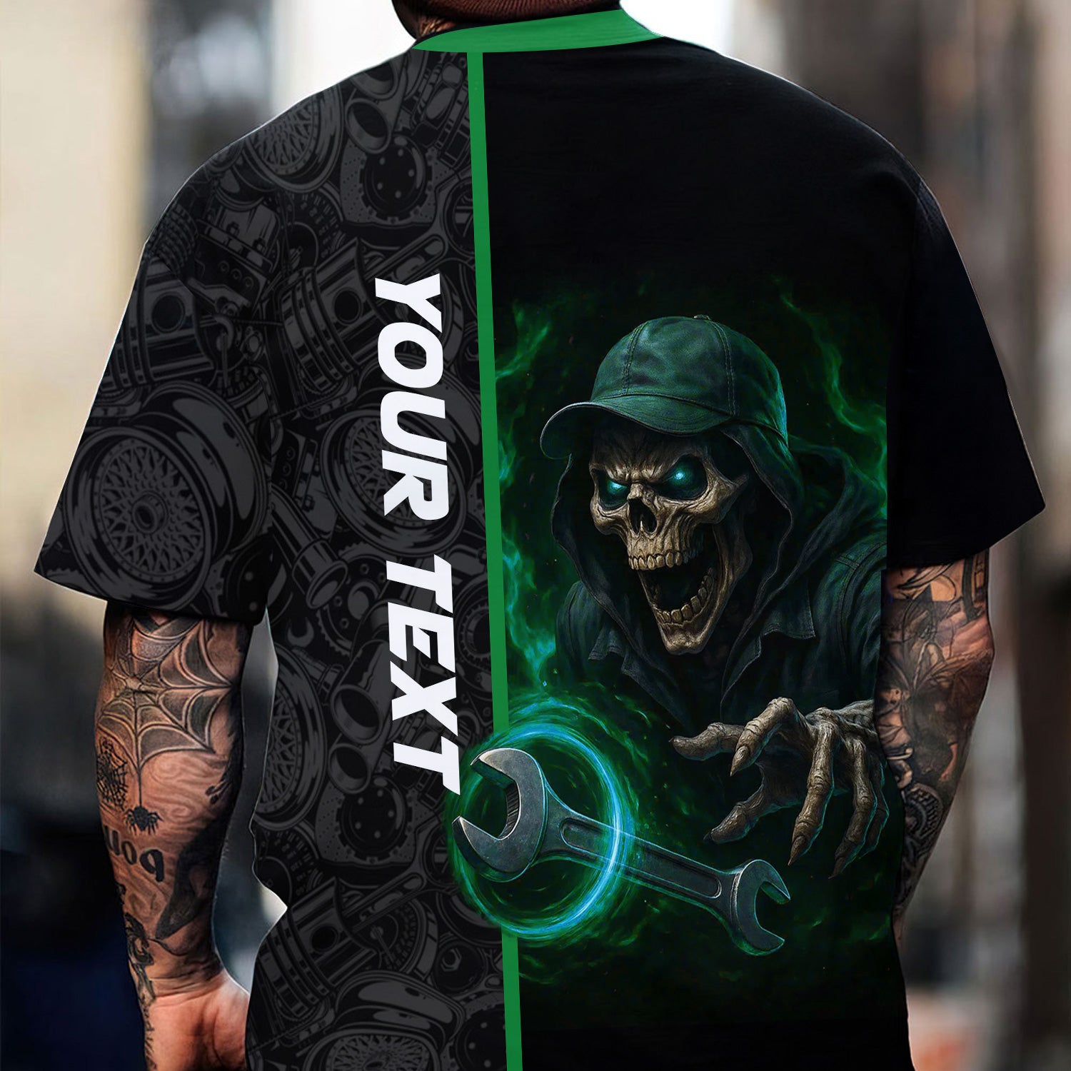 Personalized Mechanic Shirt for Men, Custom Name & Text, Skull & Wrench Design, Cool Mechanics Gift for Father, Husband, DIY Enthusiasts