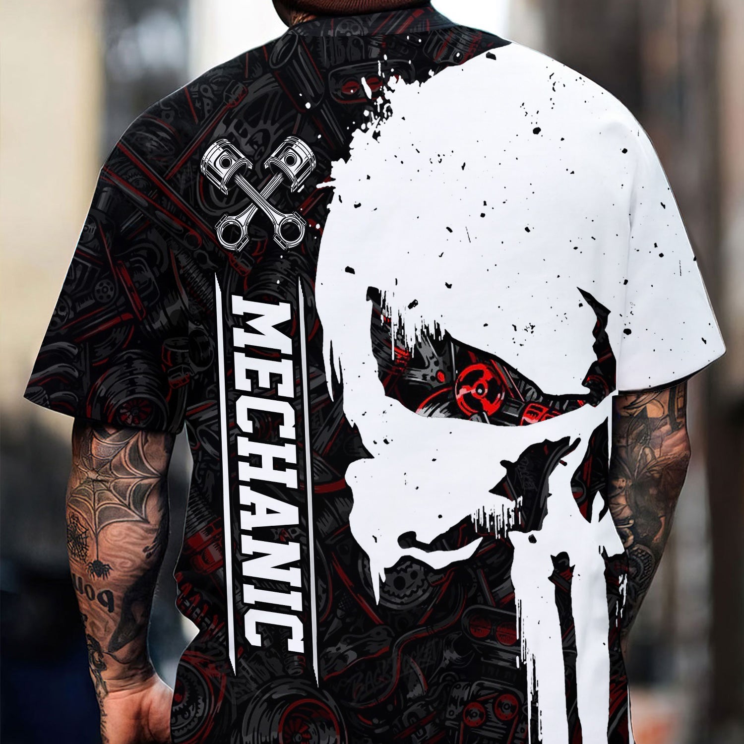 Personalized Mechanic Skull Shirt, Unique Gear Design, Gift for Mechanics & Motorheads, Funny Skull Shirt