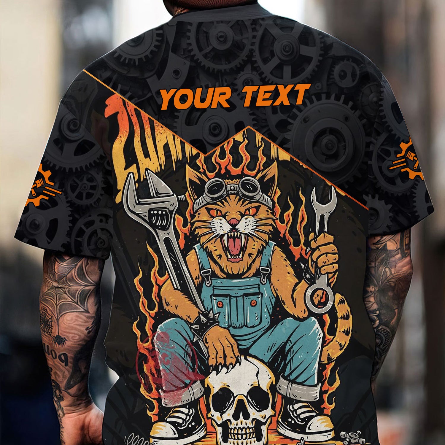Personalized Mechanic Shirt Custom Name Funny Cat Skull Wrench Flames Auto Repair Garage Workwear Tee Car Repair Shirt Gift For Men Dad