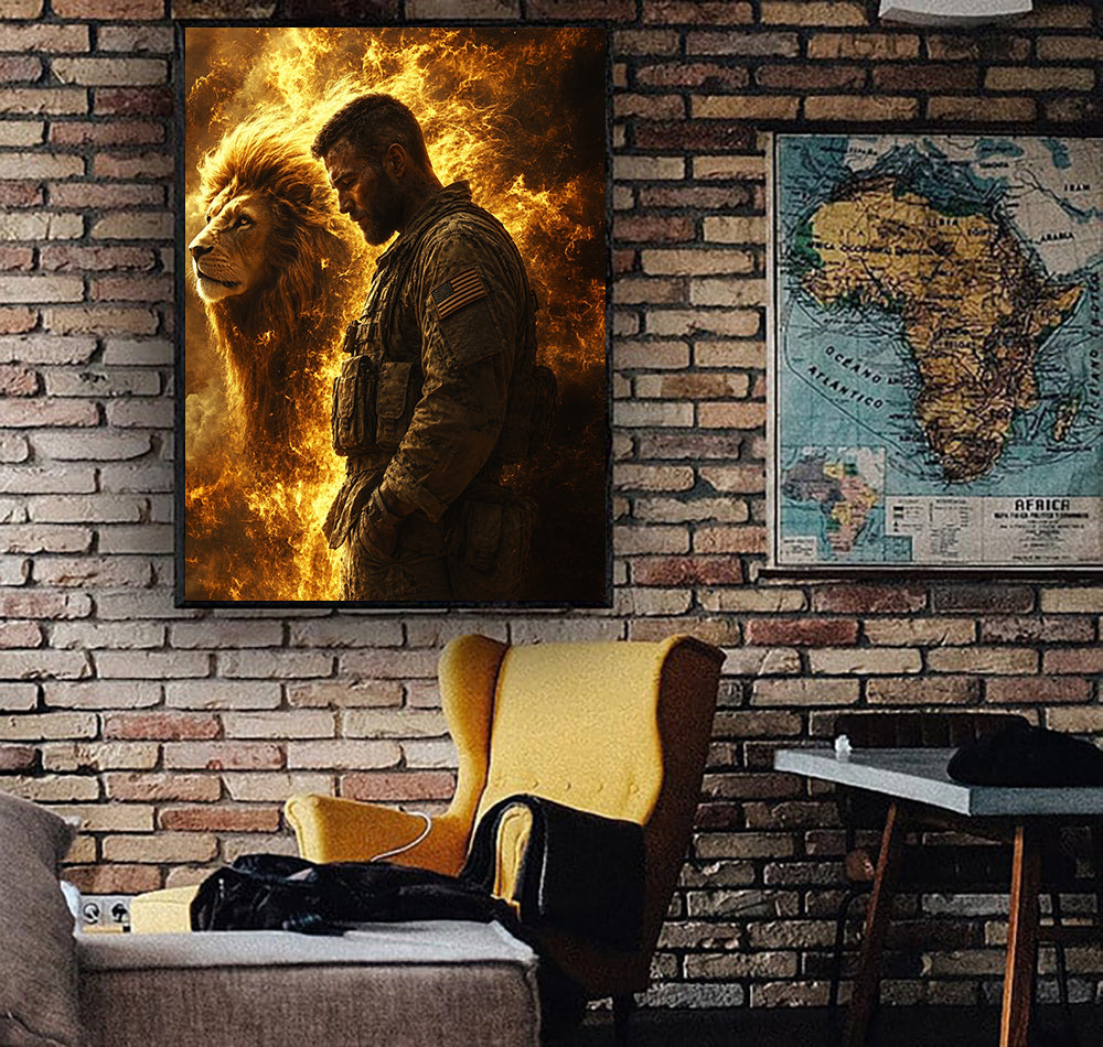 Lion Soldier Printed Canvas, Father’s Day Gift for Dad, Military Wall Art Decor with Brave Warrior and Fire Lion Spirit Design