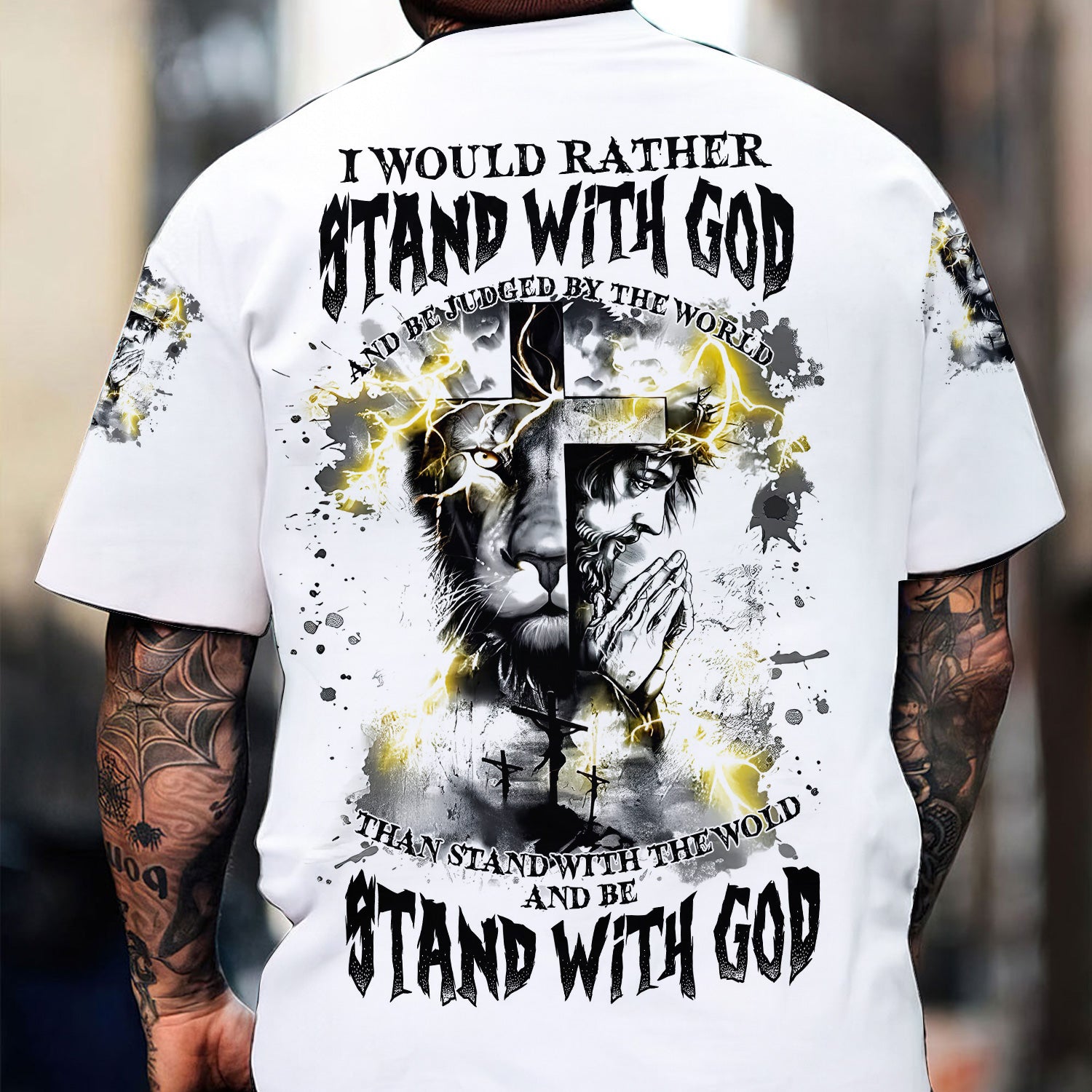 I Would Rather Stand With God Shirt, Christian Faith Tee with Cross, Lion & Praying Hands, Religious Inspirational Graphic Hoodie Zip