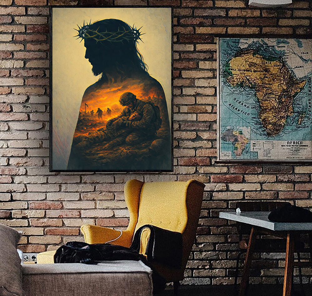 Jesus Silhouette Wall Art With Crown of Thorns Soldier Sacrifice Christian Faith Canvas Print Religious Home Decor