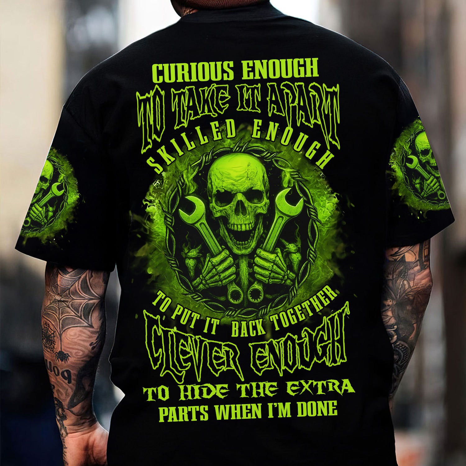Funny Mechanic Skull Shirt, Curious Enough To Take It Apart Skilled Enough To Put It Back Together Quote Shirt, Neon Green Shirt for Mechanics and Car Lovers
