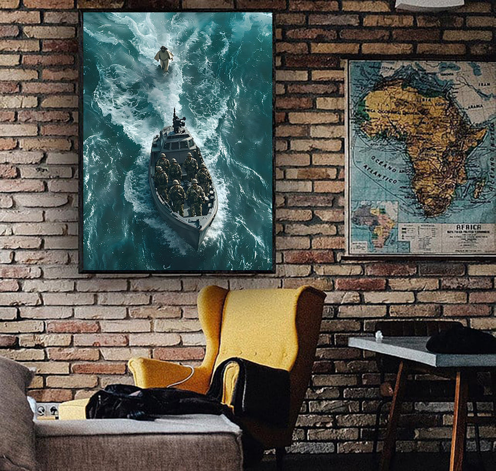 Jesus Walking on Water Wall Art, Christian Military Boat Artwork, Faith Over Fear Canvas Print, Inspirational Christian Decor