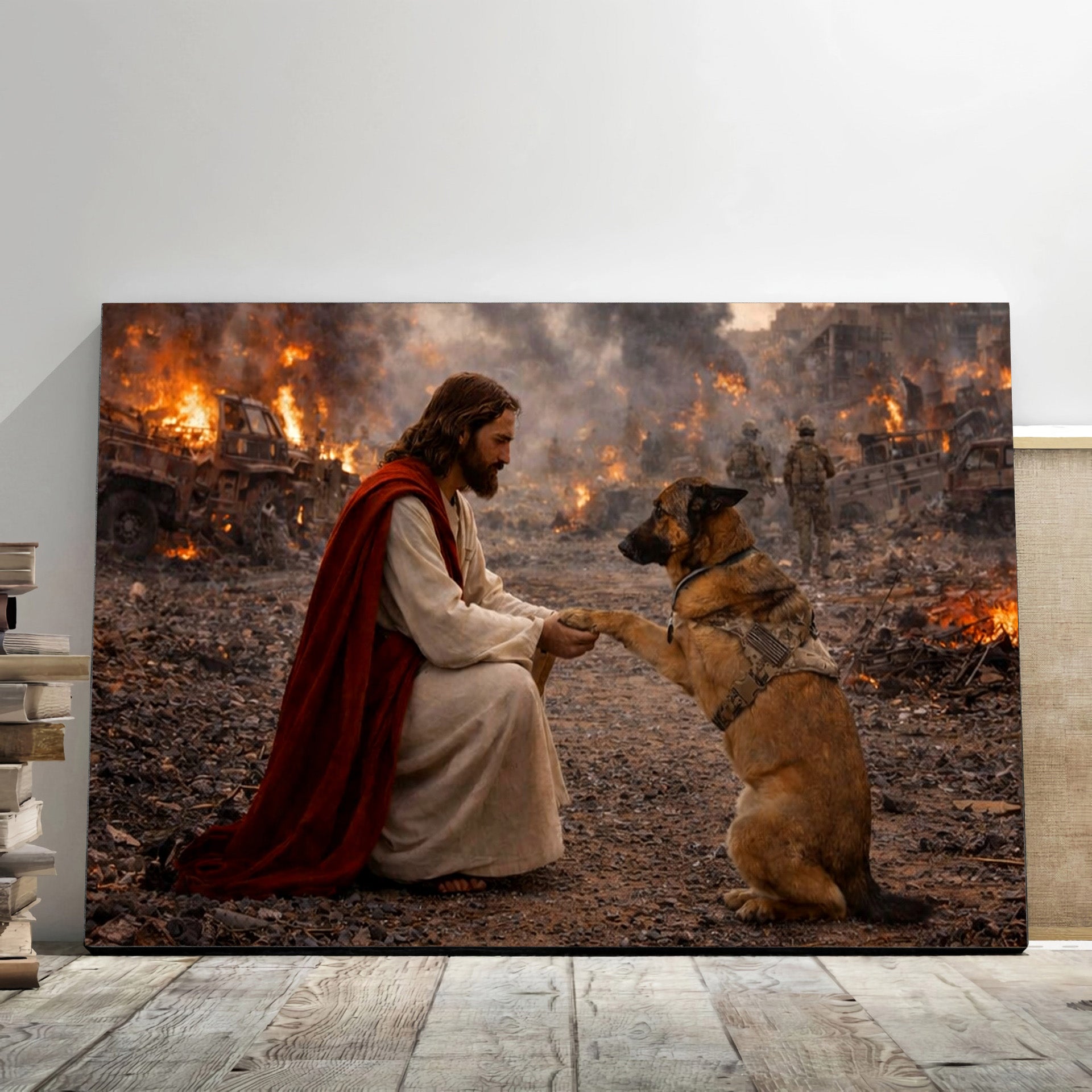 Jesus And Military Dog Wall Art Christian Faith Canvas Jesus Comforting War Dog Religious Home Decor Gift
