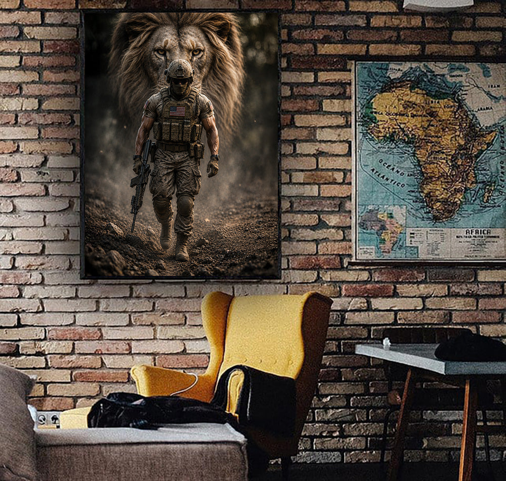 Lion Soldier Printed Canvas, Father’s Day Gift for Dad, Military Wall Art Decor with Brave Warrior and Powerful Lion Spirit Design