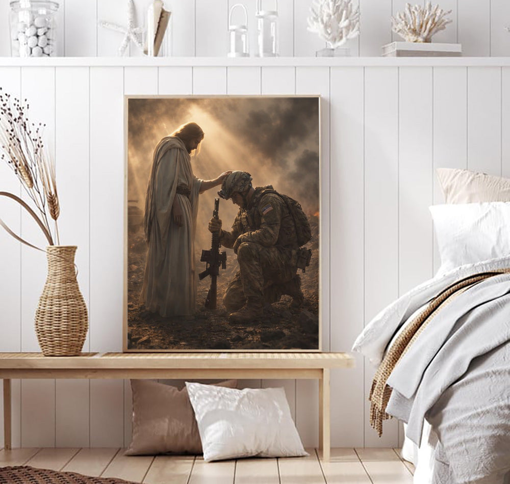 Jesus Blessing Soldier Wall Art Canvas, Christian Military Canvas Print, Faith & Veteran Decor, Gift for Veterans, Patriotic Home Decor