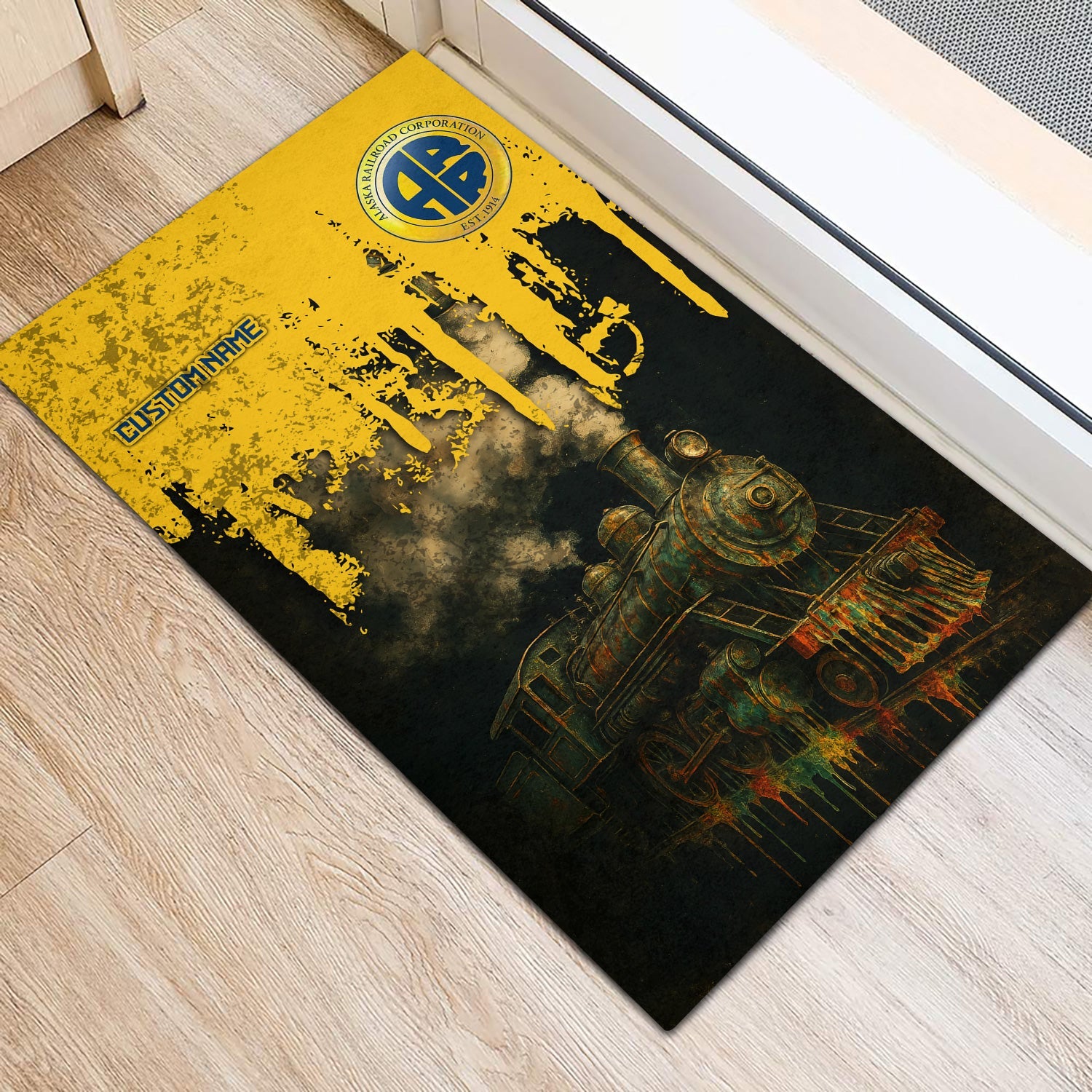 Railspirit Personalized Alaska Railroad Doormat Vintage Train Art Style Mat For Locomotive Fans