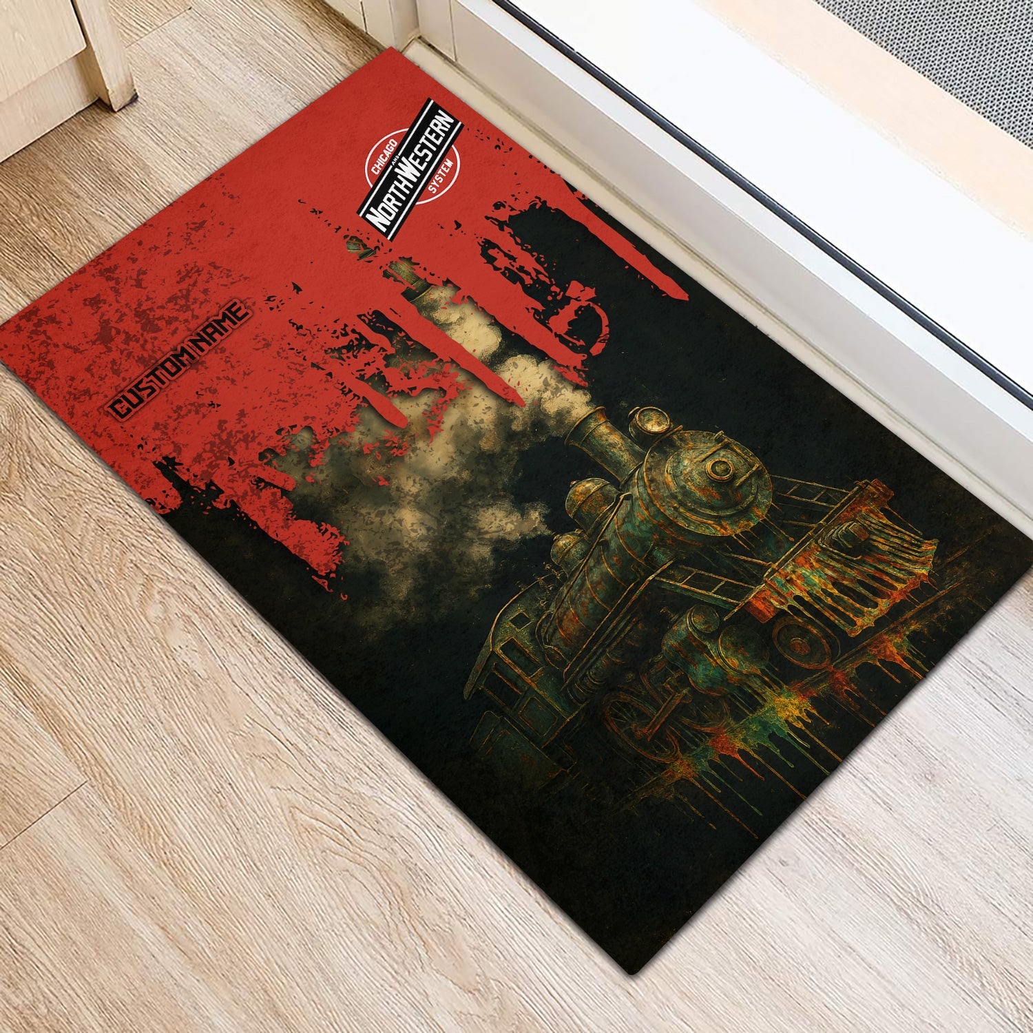 Railspirit Personalized Chicago and North Western Railway Doormat Vintage Train Art Style Mat For Locomotive Fans