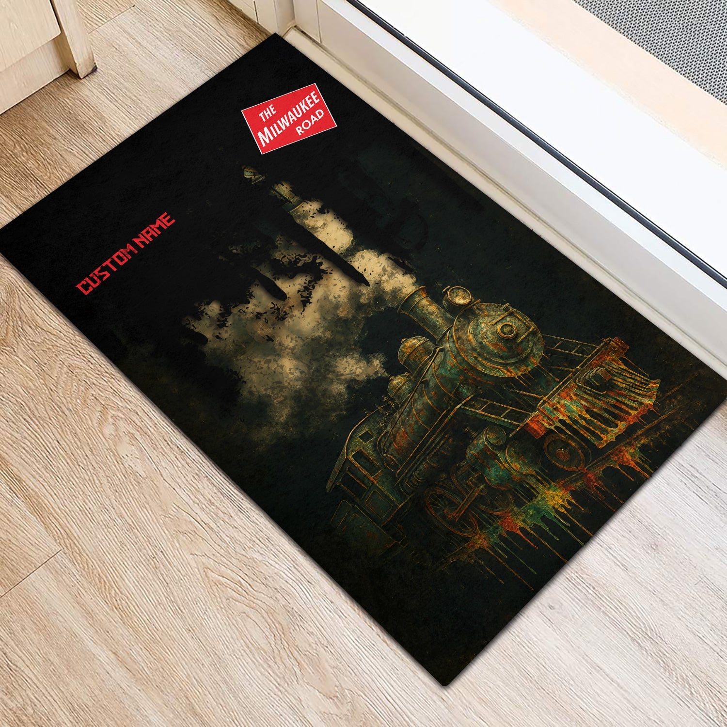 Railspirit Personalized Chicago, Milwaukee, St. Paul and Pacific Railroad Doormat Vintage Train Art Style Milwaukee Road Mat For Locomotive Fans