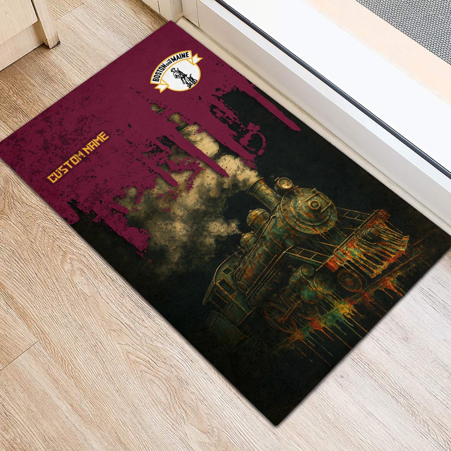 Railspirit Personalized Boston and Maine Railroad Doormat Vintage Train Art Style Mat For Locomotive Fans