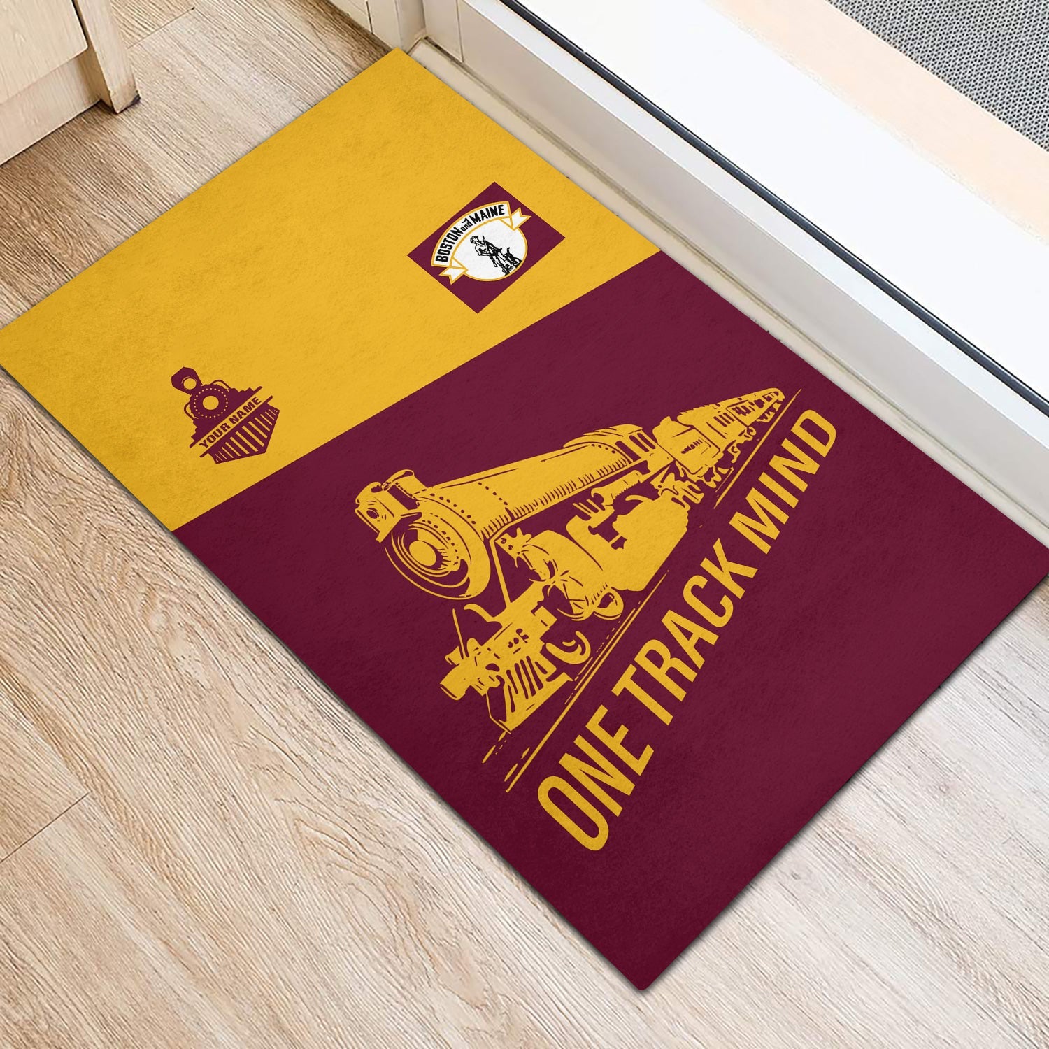 Railspirit Personalized Boston and Maine Railroad Doormat One Track Mind Mat Gift Idea For Train Lover