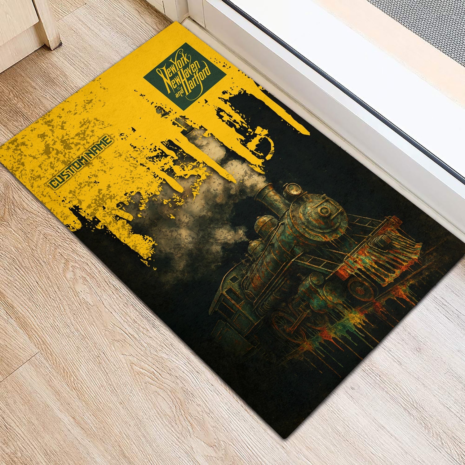 Railspirit Personalized New York, New Haven and Hartford Railroad Doormat Vintage Train Art Style New Haven Railroad Mat For Locomotive Fans