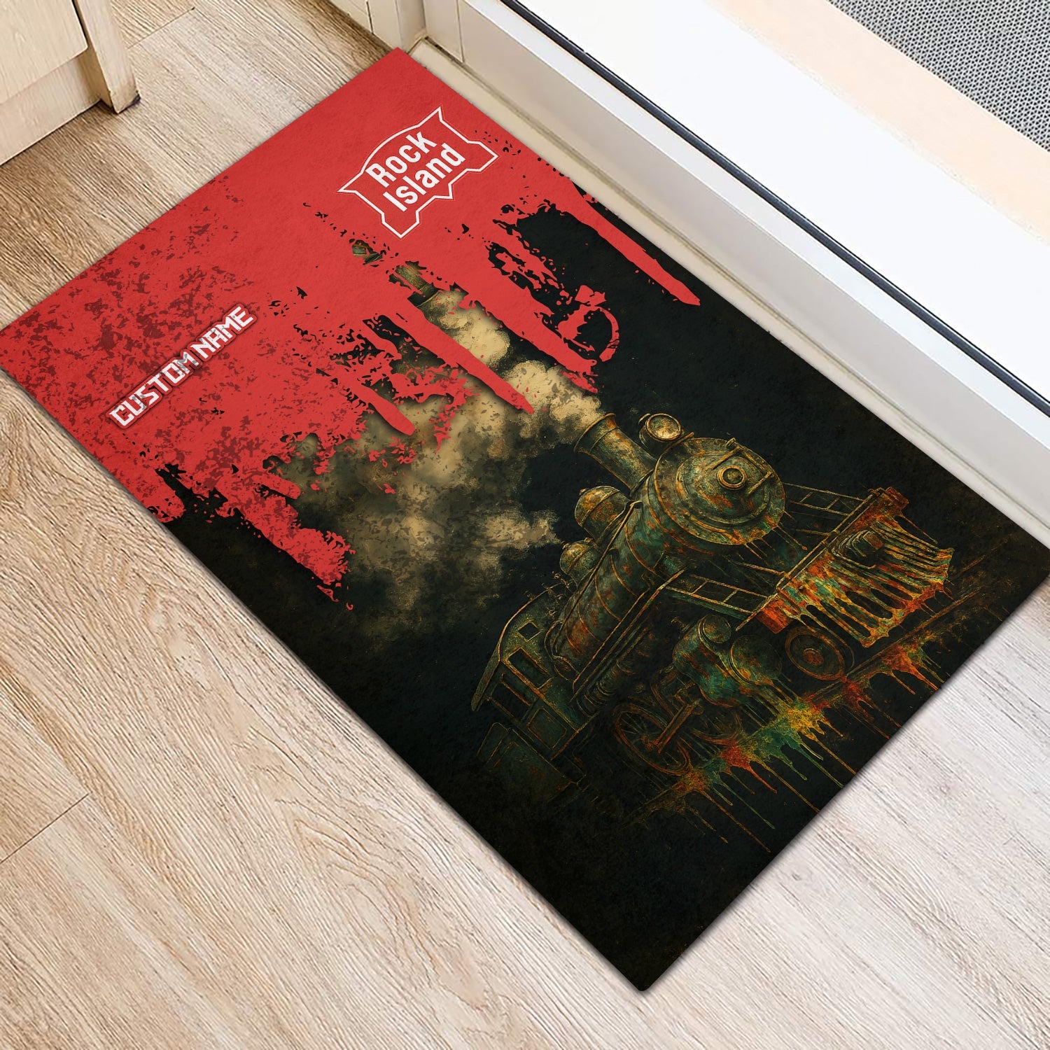 Railspirit Personalized Chicago, Rock Island and Pacific Railroad Doormat Vintage Train Art Style Rock Island Railroad Mat For Locomotive Fans