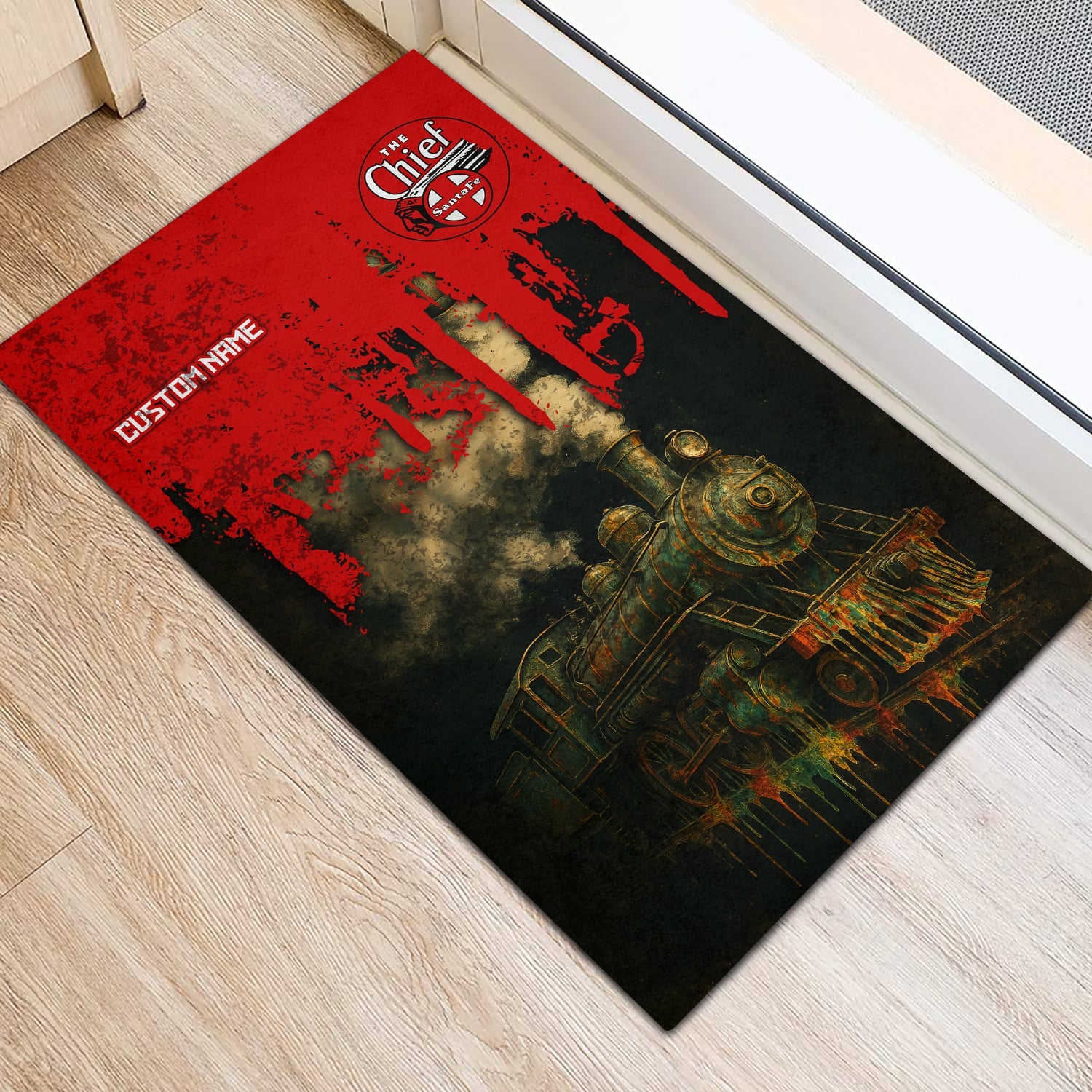 Railspirit Personalized The Chief Santa Fe Railroad Doormat Vintage Train Art Style Mat For Locomotive Fans