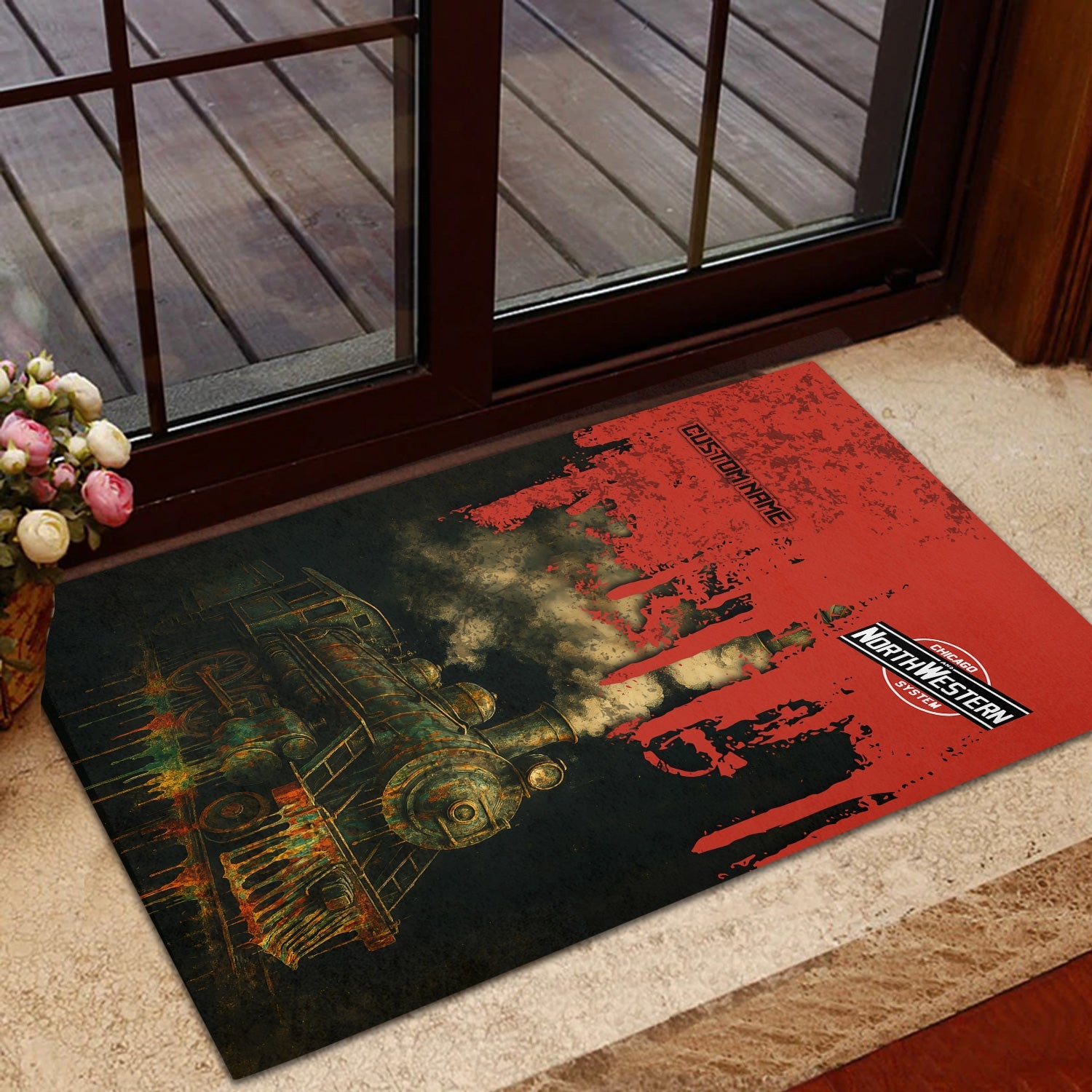 Railspirit Personalized Chicago and North Western Railway Doormat Vintage Train Art Style Mat For Locomotive Fans