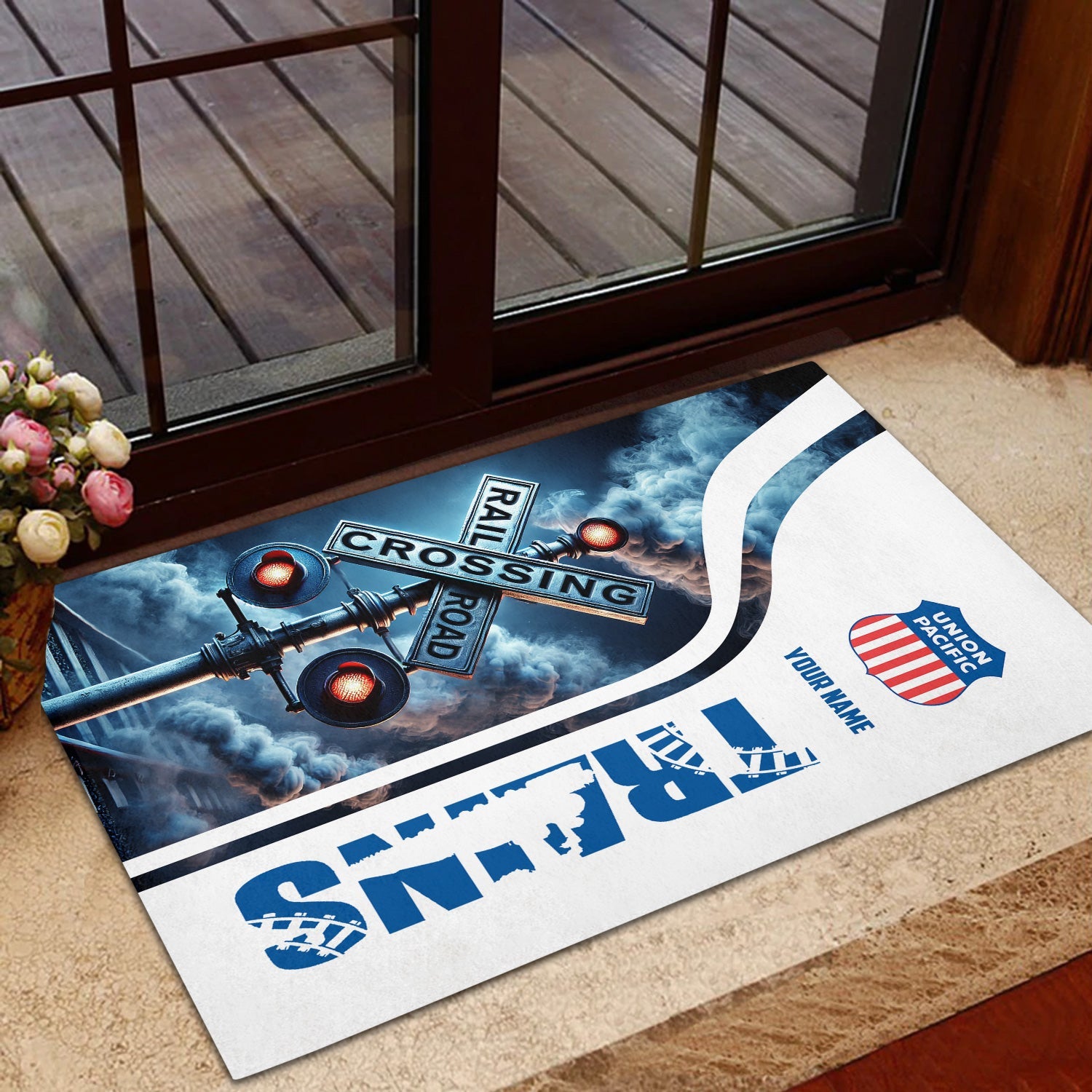 Railspirit Personalized Union Pacific Railroad Doormat Railroad Crossing Sign Big Boy Mat All Over Print
