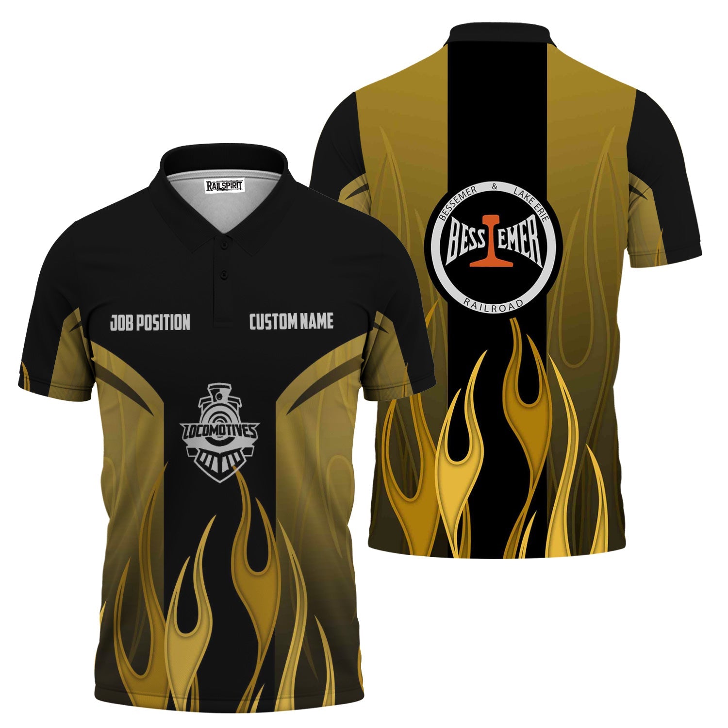 Railspirit Custom Name and Job Title Bessemer And Lake Erie Railroad Polo Shirt Flame Graphic Train Shirt