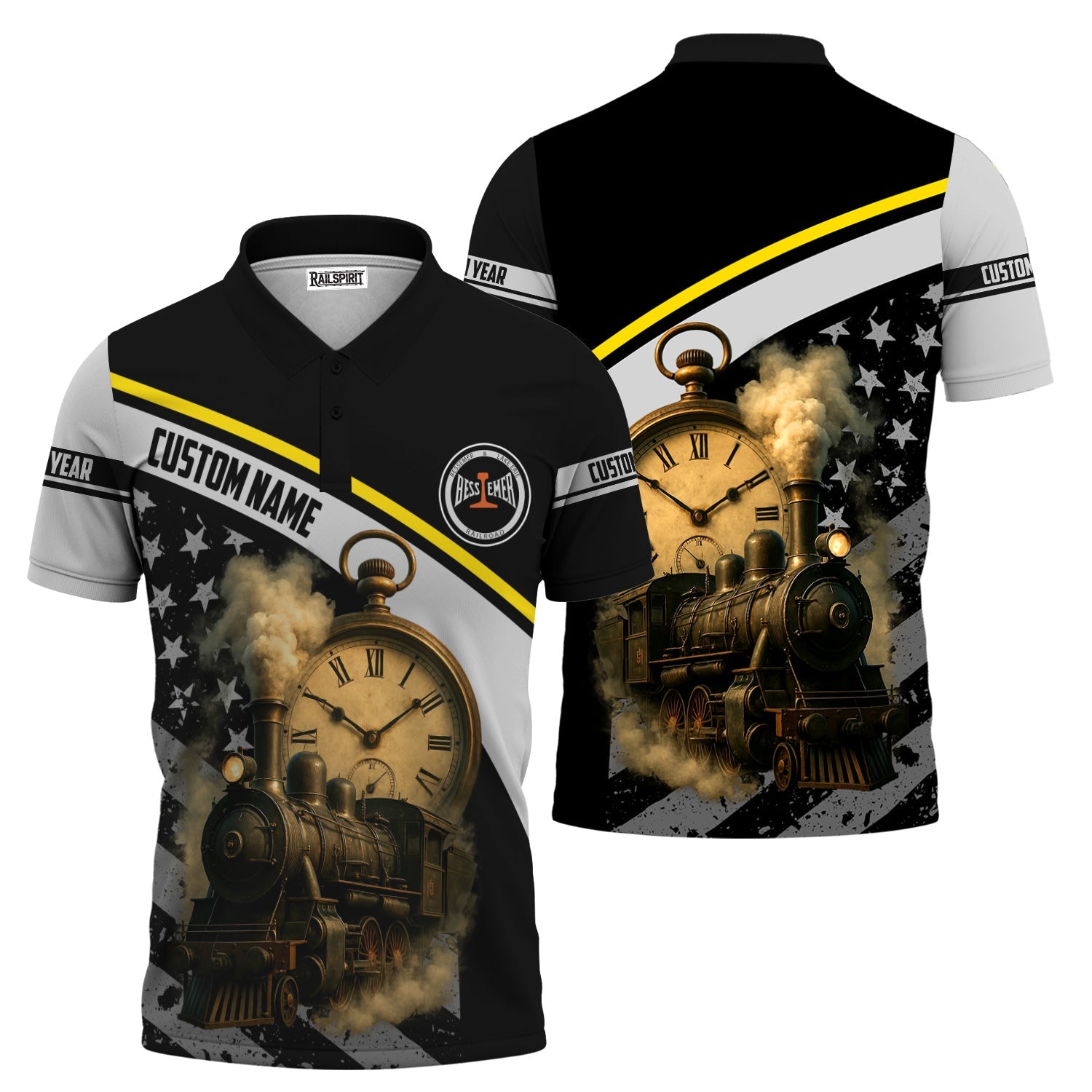 Railspirit Personalized Bessemer And Lake Erie Railroad Polo Shirt Classic Steam Engine With Retro Pocket Watch Shirt All Over Print