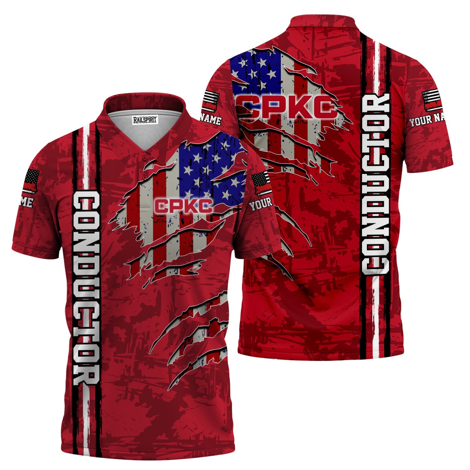Railspirit Personalized Canadian Pacific Kansas City Polo Shirt USA Flag Claw Art with Custom Job CPKC Train Shirt