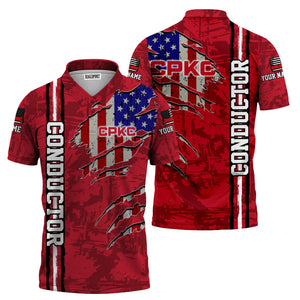 Railspirit Personalized Canadian Pacific Kansas City Polo Shirt USA Flag Claw Art with Custom Job CPKC Train Shirt