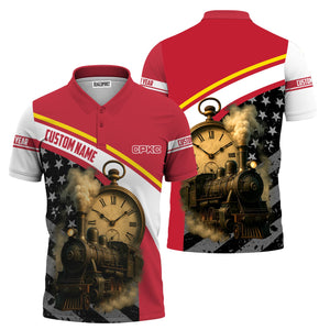 Railspirit Personalized Canadian Pacific Kansas City Polo Shirt Classic Steam Engine With Retro Pocket Watch CPKC Shirt All Over Print
