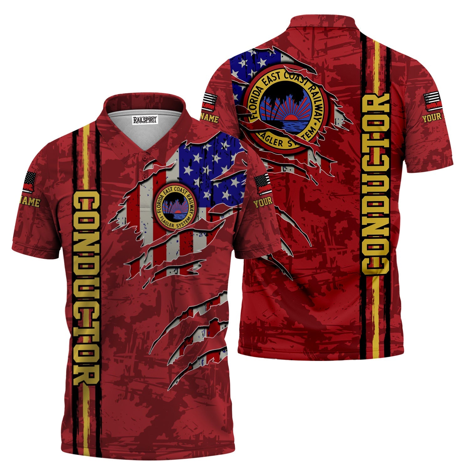 Railspirit Personalized Florida East Coast Railway Polo Shirt USA Flag Claw Art with Custom Job Train Shirt