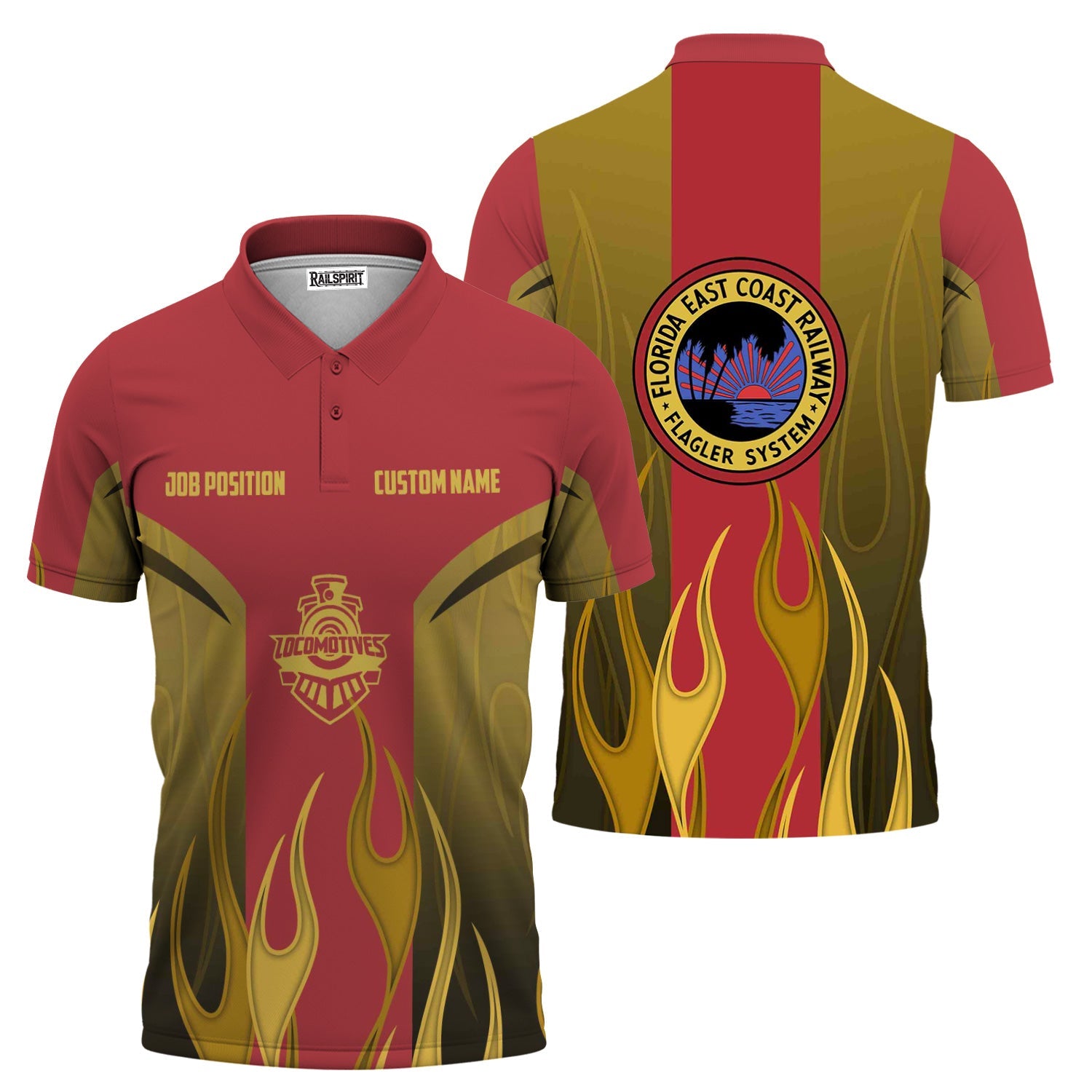 Railspirit Custom Name and Job Title Florida East Coast Railway Polo Shirt Flame Graphic Train Shirt
