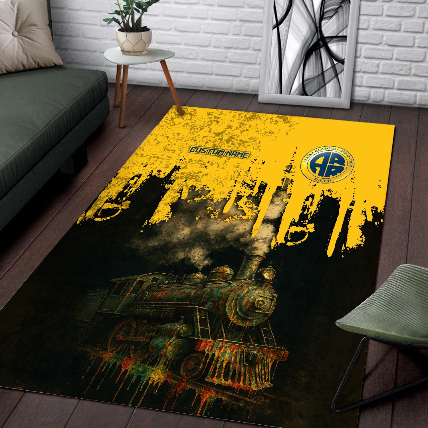 Railspirit Personalized Alaska Railroad Area Rug Vintage Train Art Style Rug For Locomotive Fans