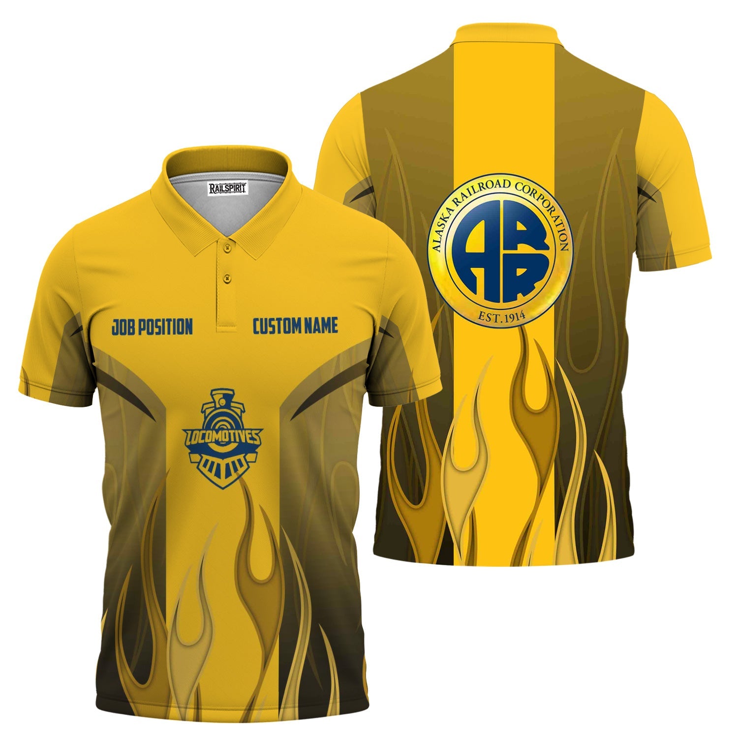 Railspirit Custom Name and Job Title Alaska Railroad Polo Shirt Flame Graphic Train Shirt