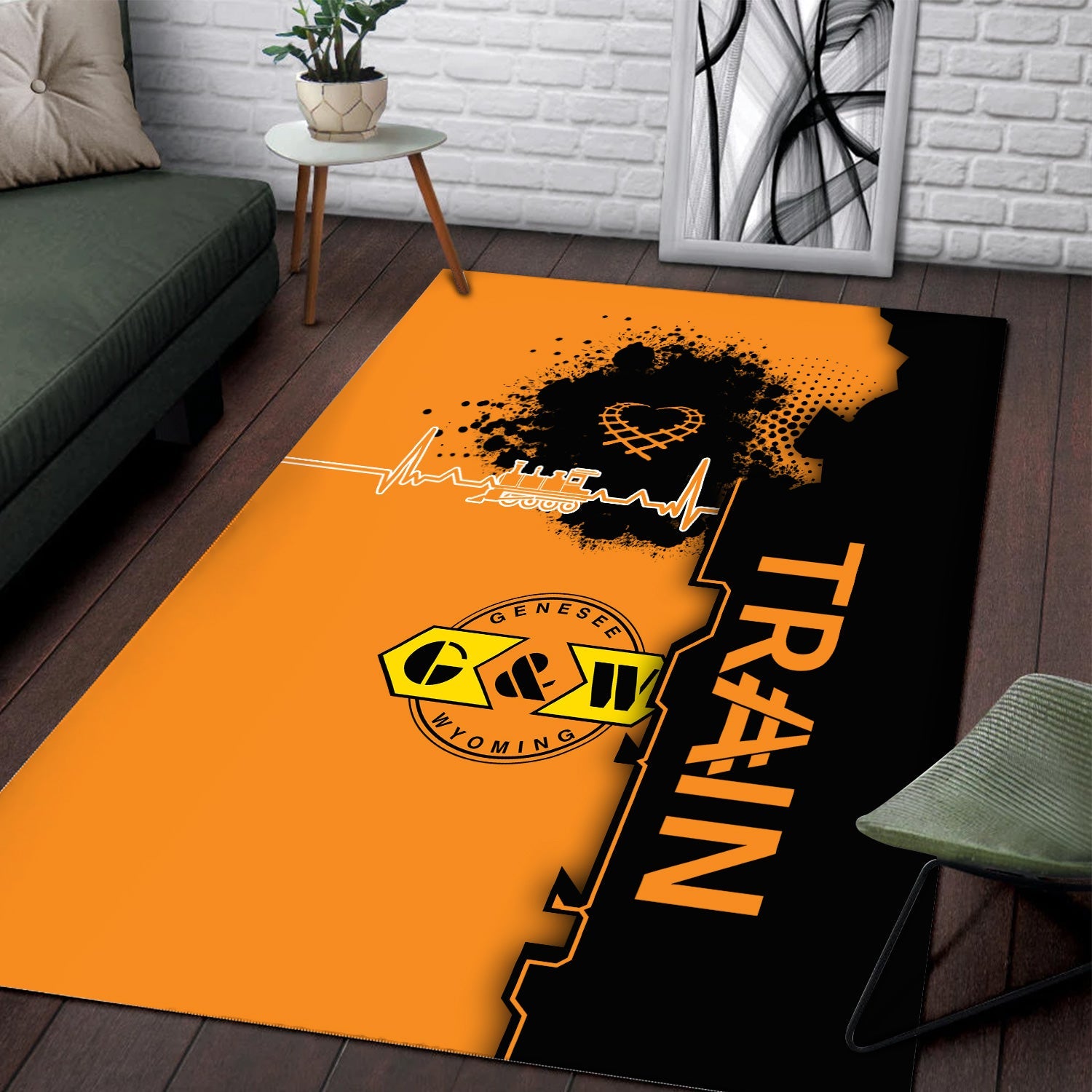 Railspirit Genesee & Wyoming Inc. Railroad Area Rug Engine Heartbeat and Track Love Style Rug Gift Idea For Train Lovers