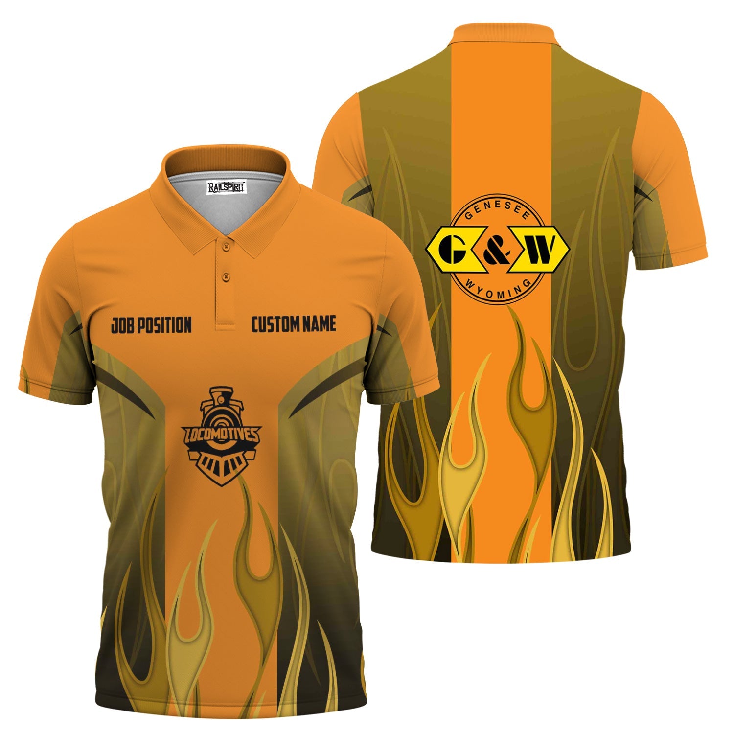 Railspirit Custom Name and Job Title Genesee & Wyoming Inc. Railroad Polo Shirt Flame Graphic Train Shirt