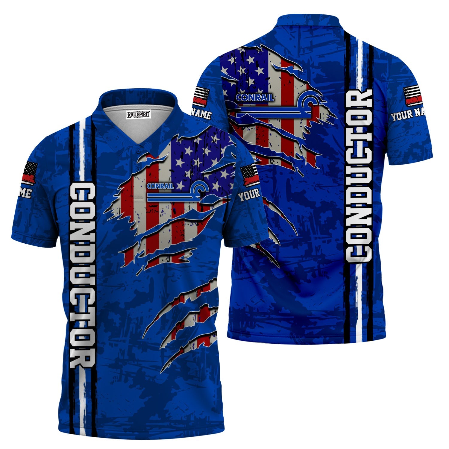 Railspirit Personalized Conrail Railroad Polo Shirt USA Flag Claw Art with Custom Job Train Shirt