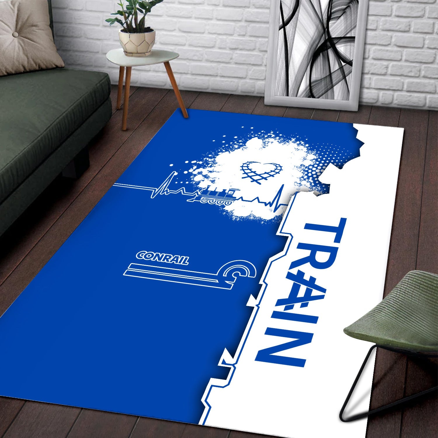 Railspirit Conrail Railroad Area Rug Engine Heartbeat and Track Love Style Rug Gift Idea For Train Lovers