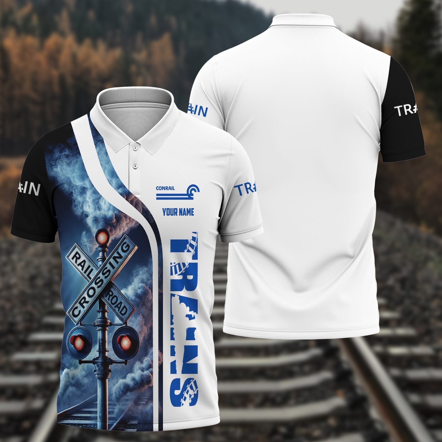 Railspirit Personalized Conrail Railroad Polo Shirt Crossing Railroad Sign American Locomotive Train Shirt All Over Print