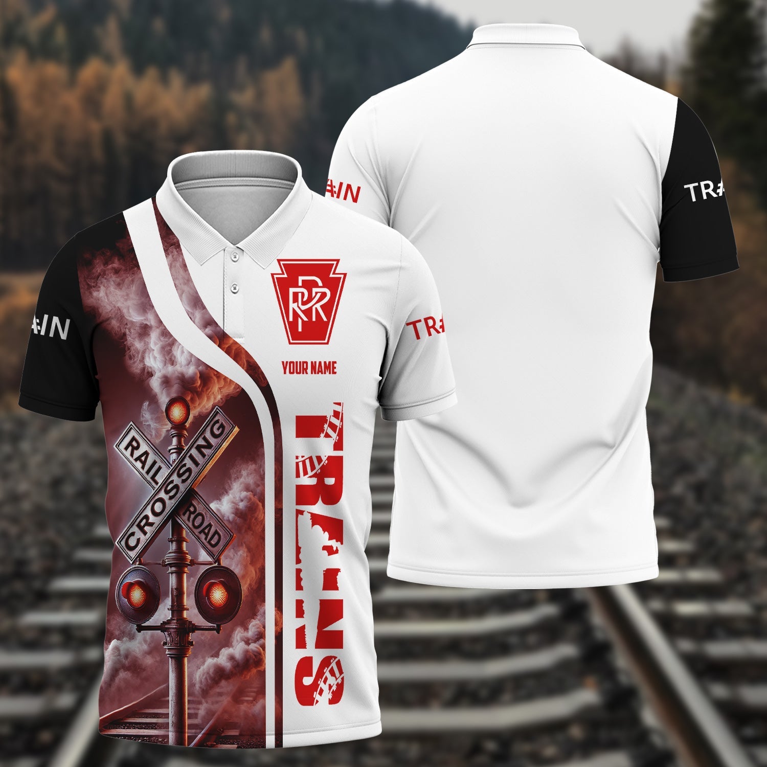 Railspirit Personalized Pennsylvania Railroad Polo Shirt Crossing Railroad Sign American Locomotive Train Shirt All Over Print