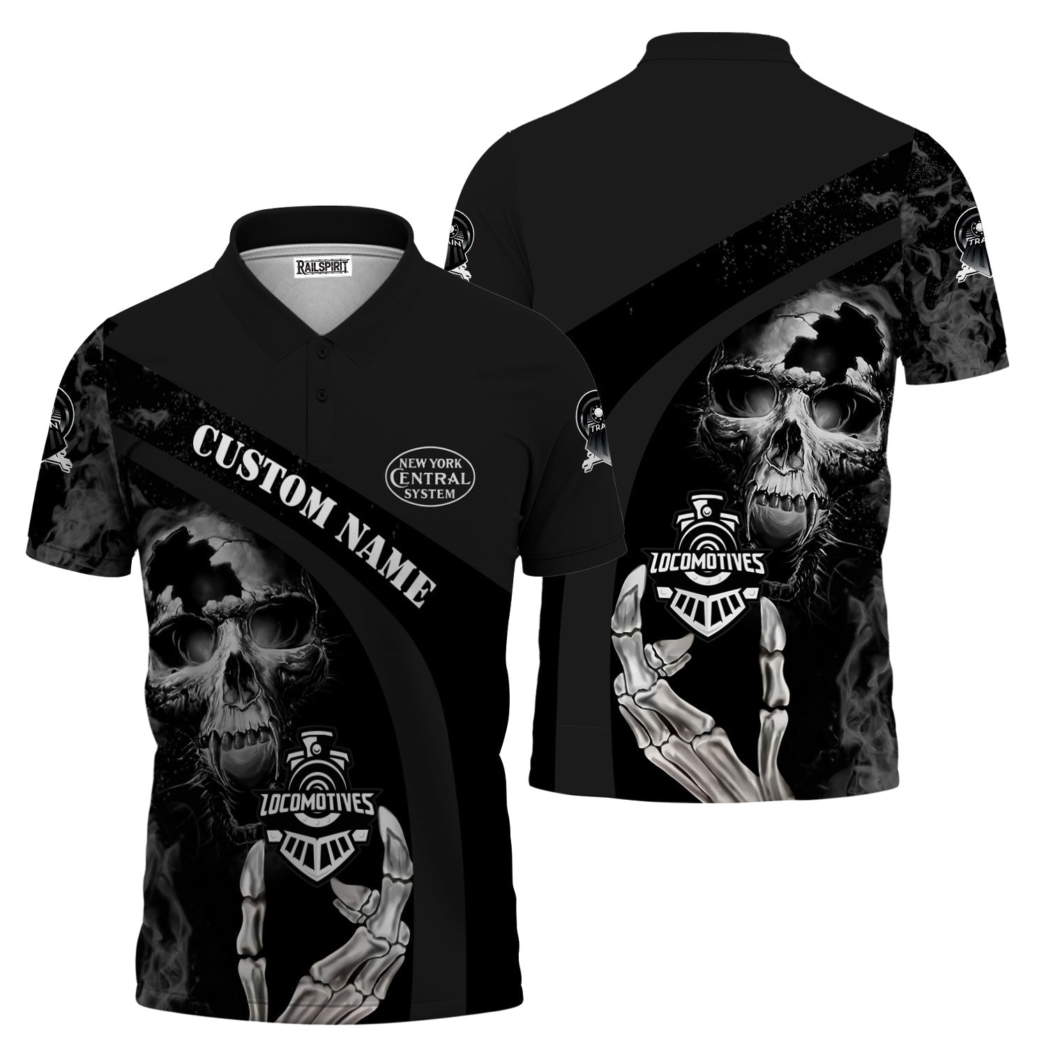 Railspirit Personalized New York Central Railroad Polo Shirt Flame Skull Design Train Shirt for Locomotive Fans