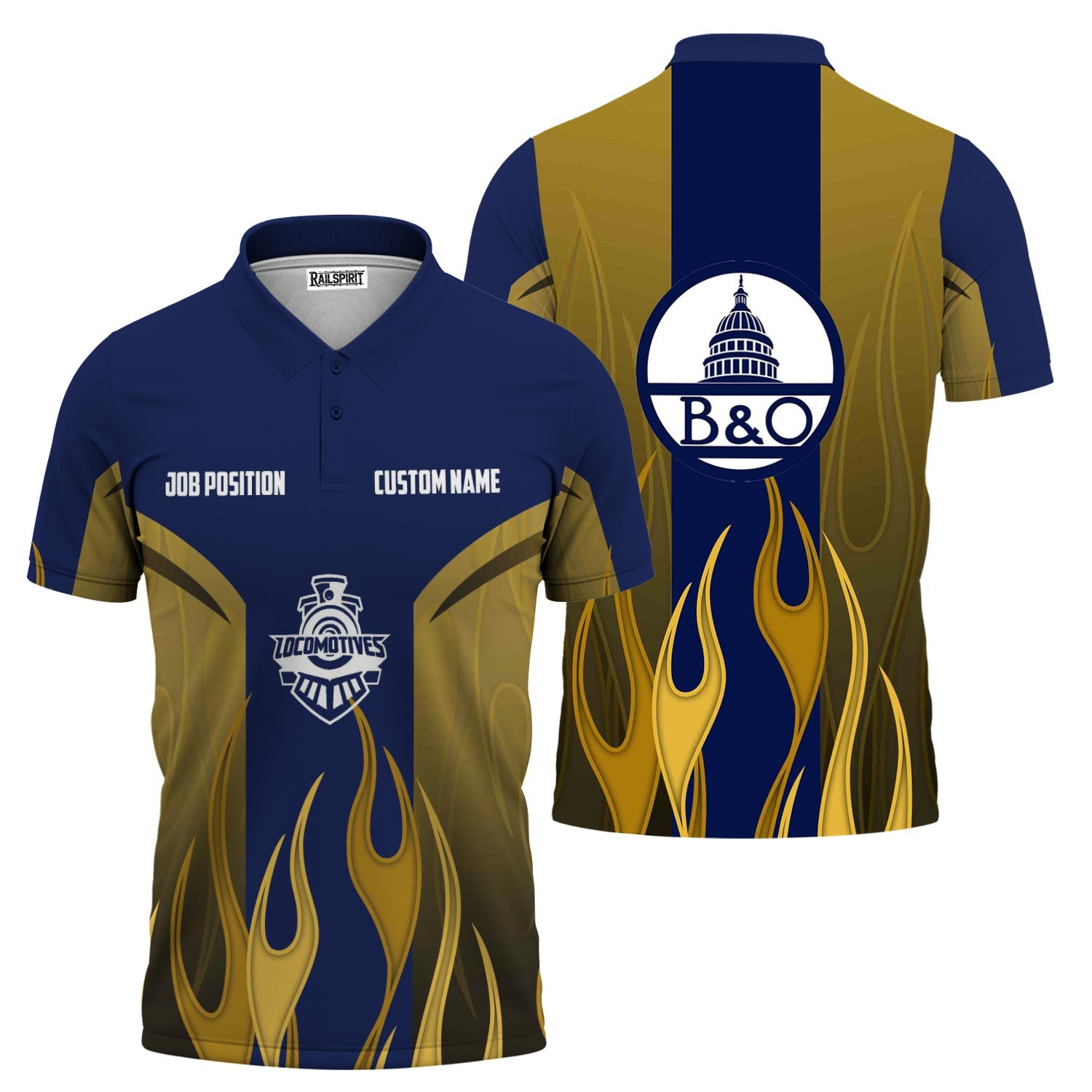 Railspirit Custom Name and Job Title Baltimore and Ohio Railroad Polo Shirt Flame Graphic B&O Train Shirt